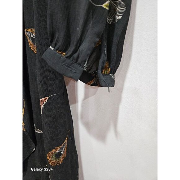 MADEWELL  Dress Black Peacock Feathers Wrap Poppy A Line V Neck Long Sleeve - Picture 4 of 4